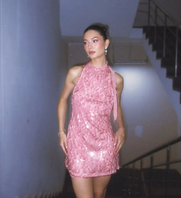 Modest Sheath High Neck Pink Sequin Short Formal Homecoming Dress Middle School Short 18th Birthday Outfits Graduation Dress Cocktail Dresses DH2253 - Deanwangkt