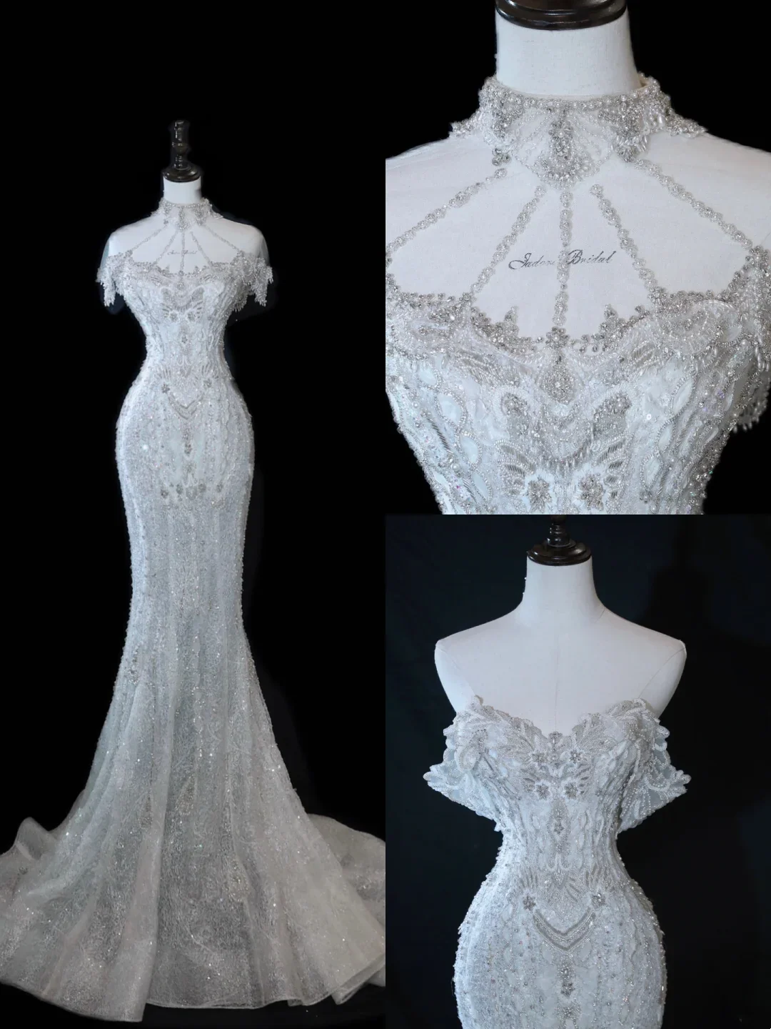 Timeless Bridal Gown Mermaid Off The Shoulder Silver Sequin Cap Sleeves Long Wedding Dresses Elegant Bridal Gowns DH897 - Deanwangkt