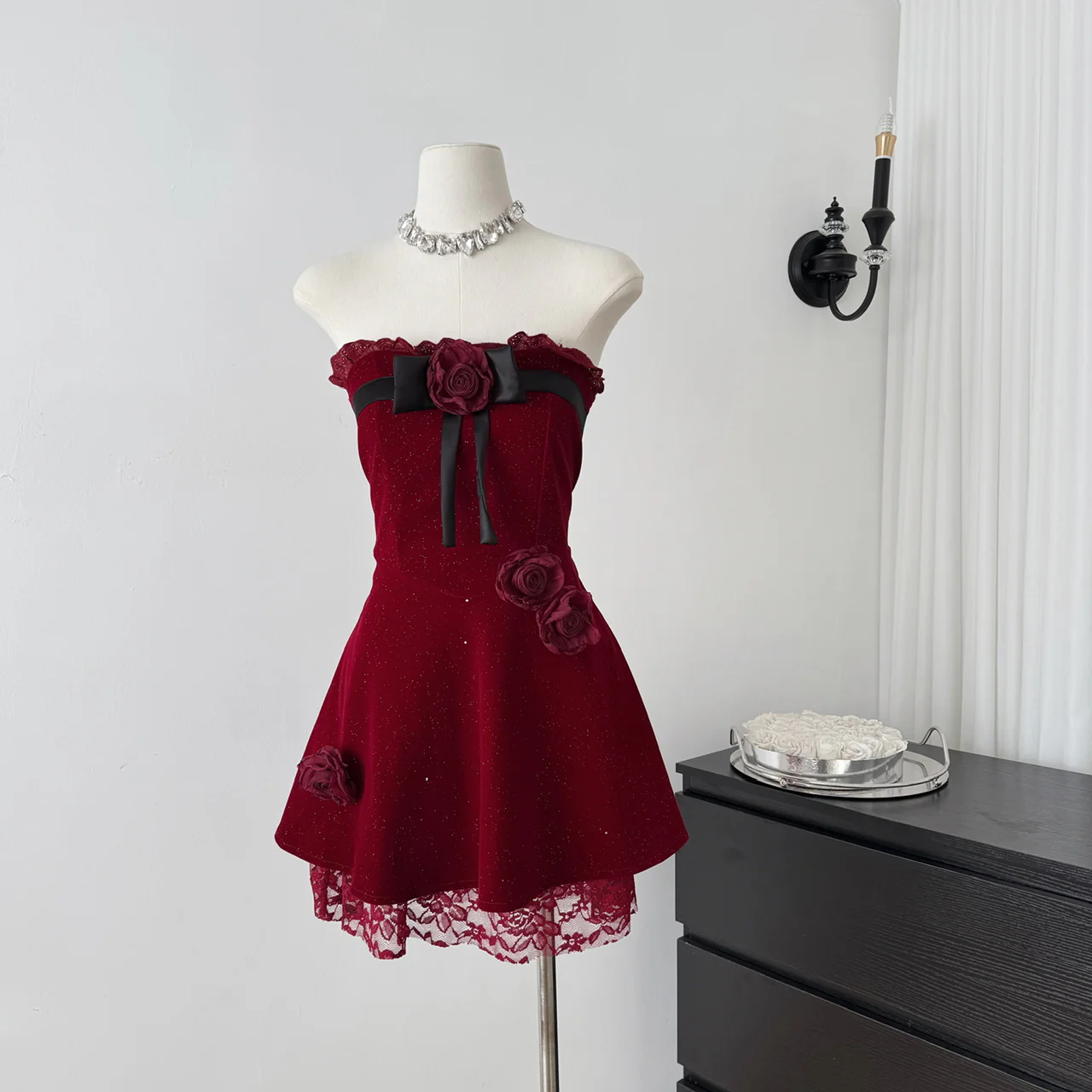 Sexy A line Strapless Summer Burgundy Velvet Dress Holiday Party Outfits For Women DP0028 - Deanwangkt