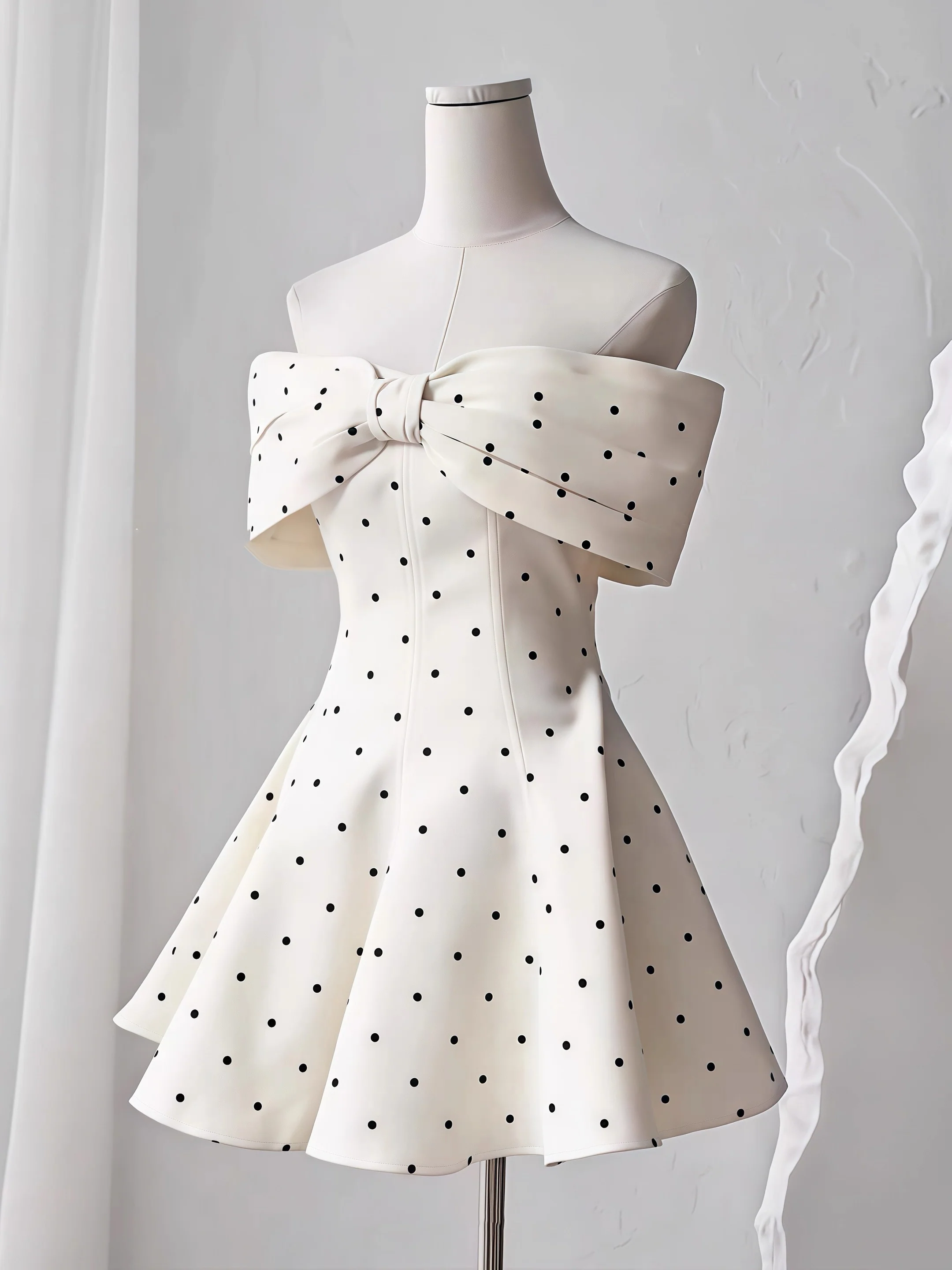 Cute A line Off The Shoulder Black Polka Dots Short Satin Formal Homecoming Dresses Party Graduation Dress Hoco Dresses DH2772 - Deanwangkt