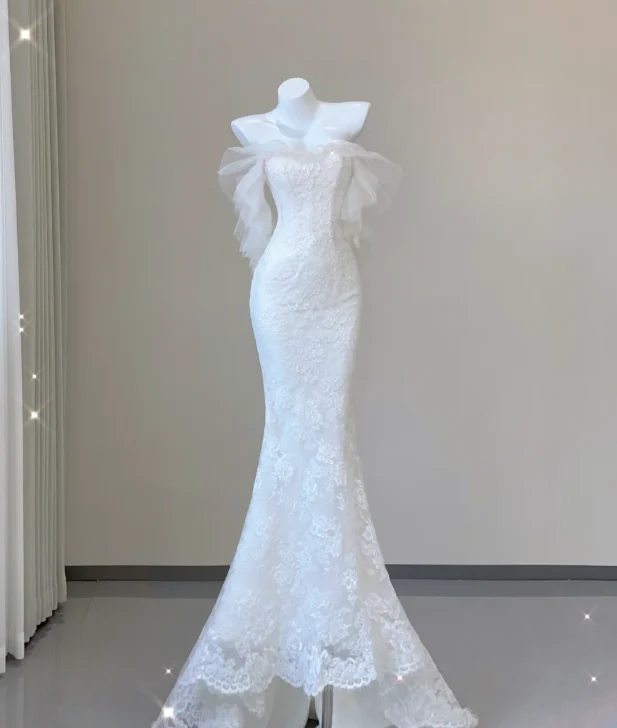 Unique Mermaid Strapless White Lace Long Wedding Dresses Brides Dress P0026 - Deanwangkt