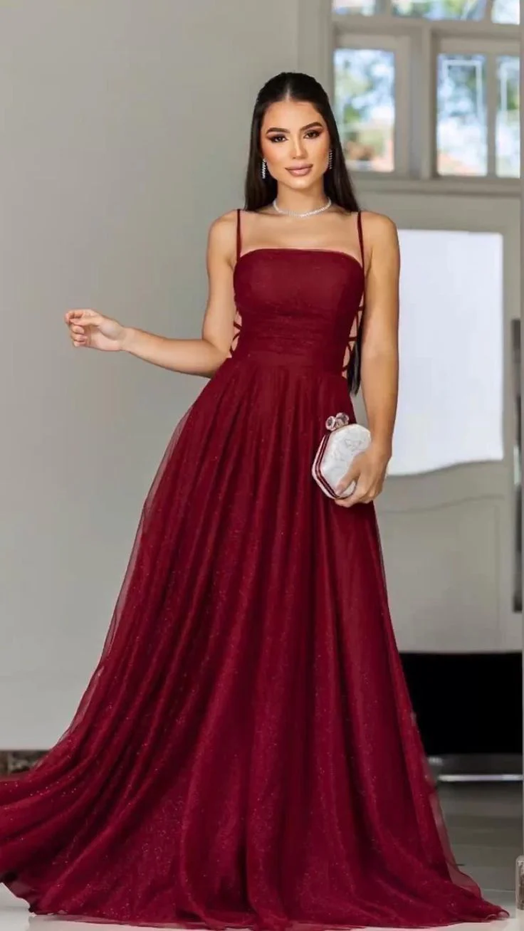 Glamorous A Line Spaghetti Straps Burgundy Tulle Long Evening Party Gowns Evening Special Formal Dresses Prom Dress DH200 - Deanwangkt