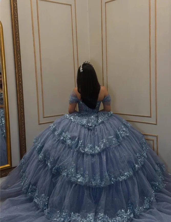 Fairy Off-Shoulder Blue Long Prom Dresses; Sparkly Tulle Appliqué Blue Quinceanera Dresses Sweet 16 Dresses DP3944 - Deanwangkt