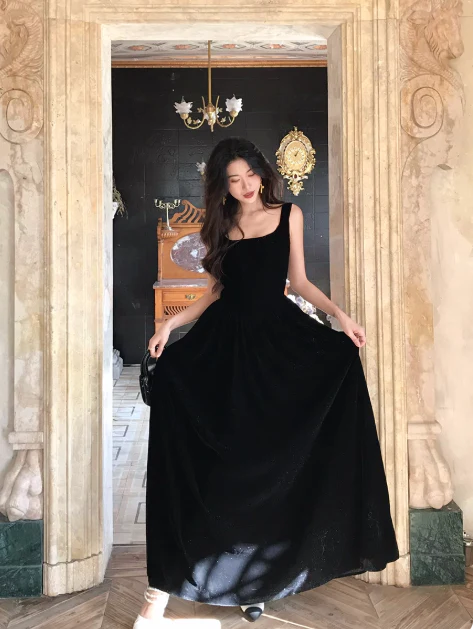 Elegant Square Neck A-line Velvet Long Prom Dresses, Black Evening Dresses DP3101 - Deanwangkt