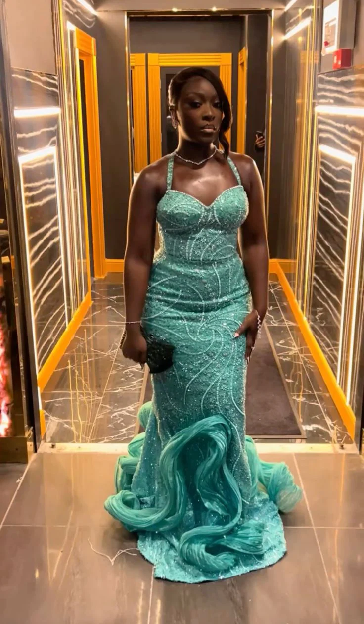 Elegant Mermaid Halter Blue Sequin Black Girl Long Prom Dresses Party Dress 18th Birthday Outfits Graduation Dresses DH2329 - Deanwangkt