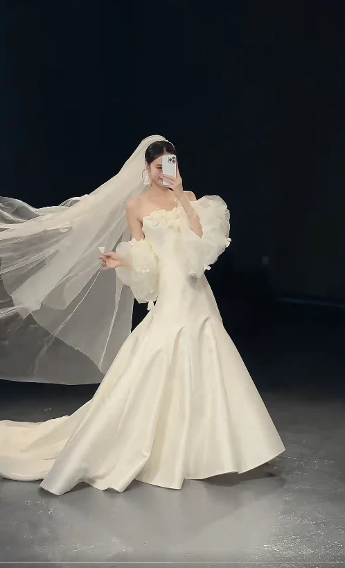 Modest A-Line Satin Long Wedding Dresses, Strapless White Bridal Dresses, Sleeveless Bridal Gowns DP04039 - Deanwangkt