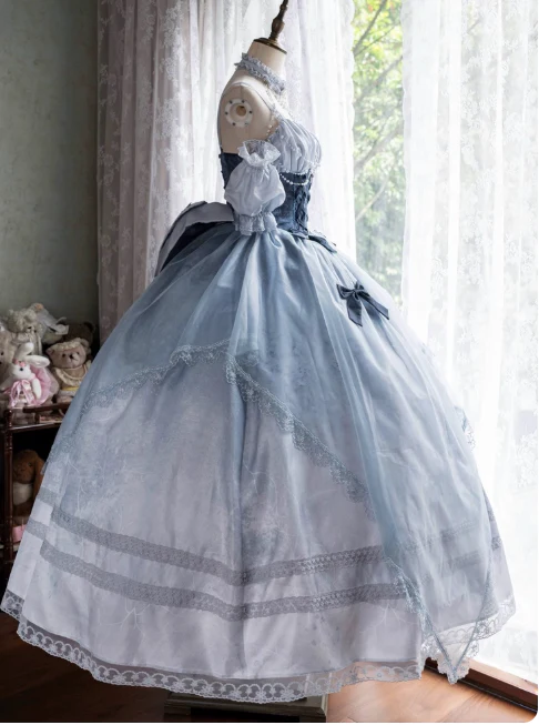 Sweet Straps Ball Gown Tulle Gray-Blue Short Birthday Dresses Cute Lace Bow Gray-Blue Lolita Dresses DP3998 - Deanwangkt