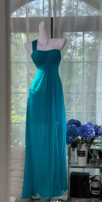 Vintage One-Shoulder Sheath Chiffon Long Prom Dresses, Turquoise Formal Evening Dresses DP3167 - Deanwangkt