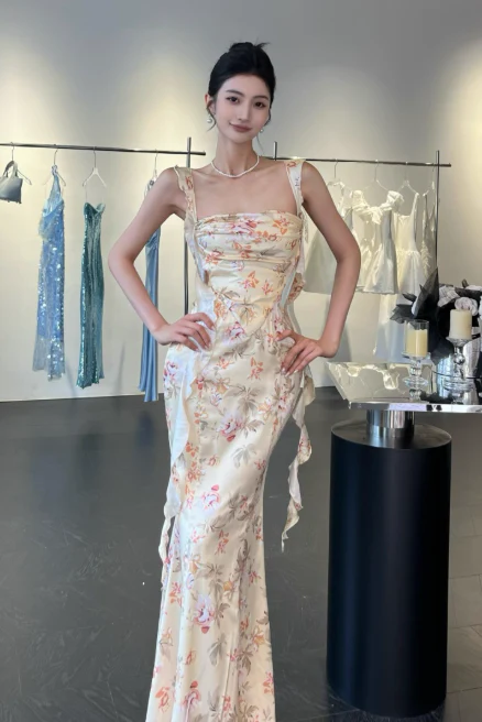 Elegant Straps Mermaid Satin Long Evening Dresses, Floral Backless Formal Dresses DP3147 - Deanwangkt