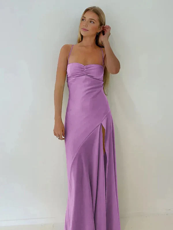 Simple Sheath Spaghetti Straps Prom Dresses Long Party Dress with Split Front DP531 - Deanwangkt
