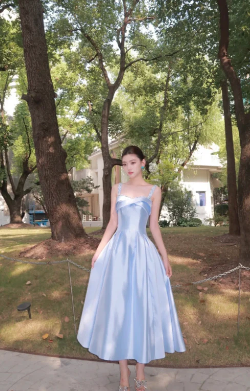 Elegant Spaghetti straps Sheath Satin Long Prom Dresses, Sky Blue Formal Evening Dresses DP3096 - Deanwangkt