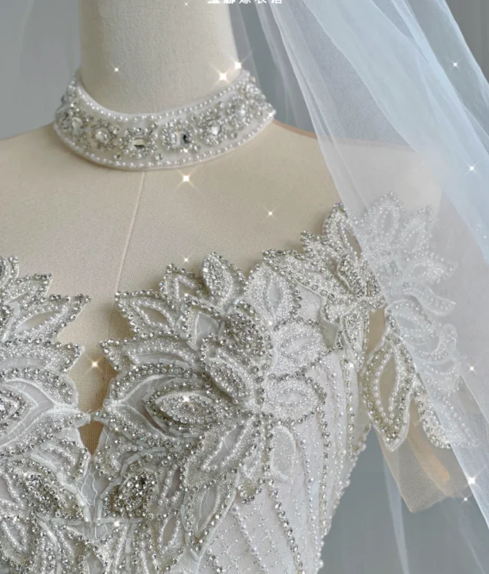 Unique Ball Gown High Neckline Lace Long White Wedding Dresses Summer Brides Dress DP416 - Deanwangkt