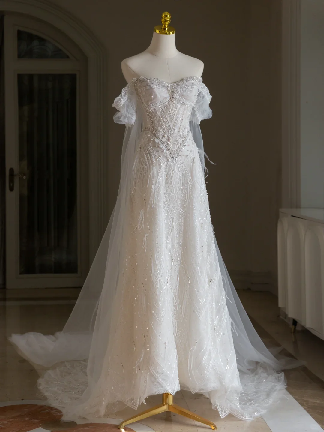 Unique Wedding Dress A Line Off The Shoulder Sequin Short Sleeves 70s Wedding Dresses Bridal Gowns DH2073 - Deanwangkt