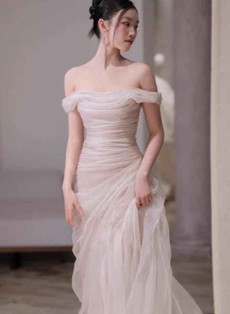 Elegant Sheath Off-the-shoulder Evening Gown Tulle Modest Formal Dress Long Prom Dresses DP2791 - Deanwangkt