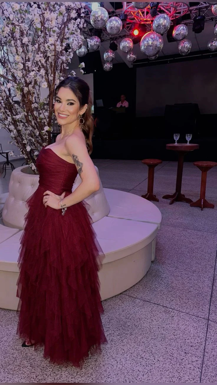 Classy A line Strapless Burgundy Long Tulle Formal Prom Gown Summer Wedding Guest Dress Bridal Guest Dresses Wedding Outfits For Guest DH131 - Deanwangkt