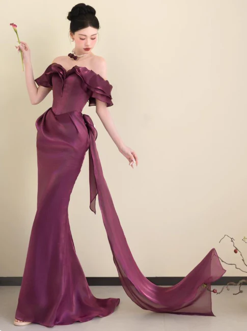 Chic Off-the-shoulder Mermaid Long Prom Dresses Satin Grape Evening Dresses DP3314 - Deanwangkt