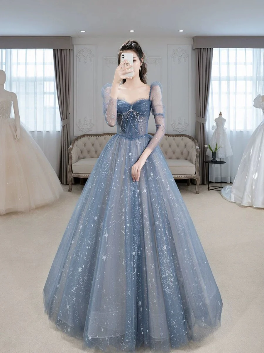 Classy A Line Sweetheart Long Sleeves Blue Sequin Evening Dress Long Prom Dresses H2896 - Deanwangkt