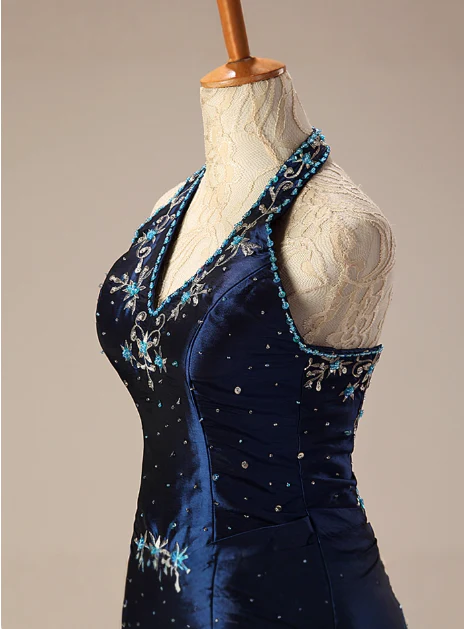 Elegant Halter Ball Gown Taffeta Long Prom Dresses, Navy Quinceanera Dresses Sweet 16 Dress DP3055 - Deanwangkt