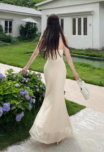 Elegant Spaghetti Strap Sheath Chiffon Long Prom Dresses, Apricot Formal Evening Dress DP3084 - Deanwangkt