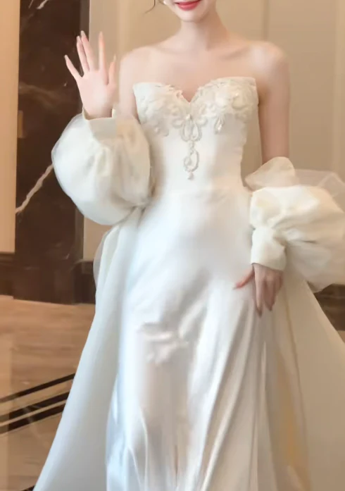 Elegant Sweetheart Neck Sheath Trail Wedding Dresses Sleeveless Satin White Bridal Gowns DP3346 - Deanwangkt