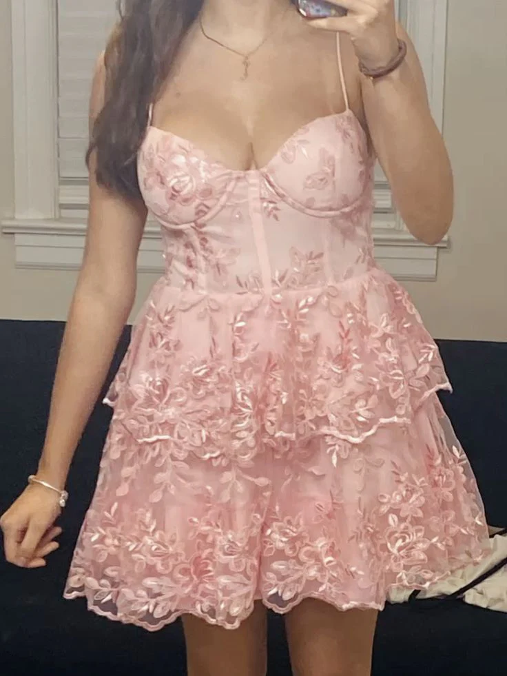 Fancy A line Spaghetti Straps Light Pink Lace Formal Homecoming Dresses High School Graduation Dress Short Night Fashion Hoco Dresses DH2701 - Deanwangkt