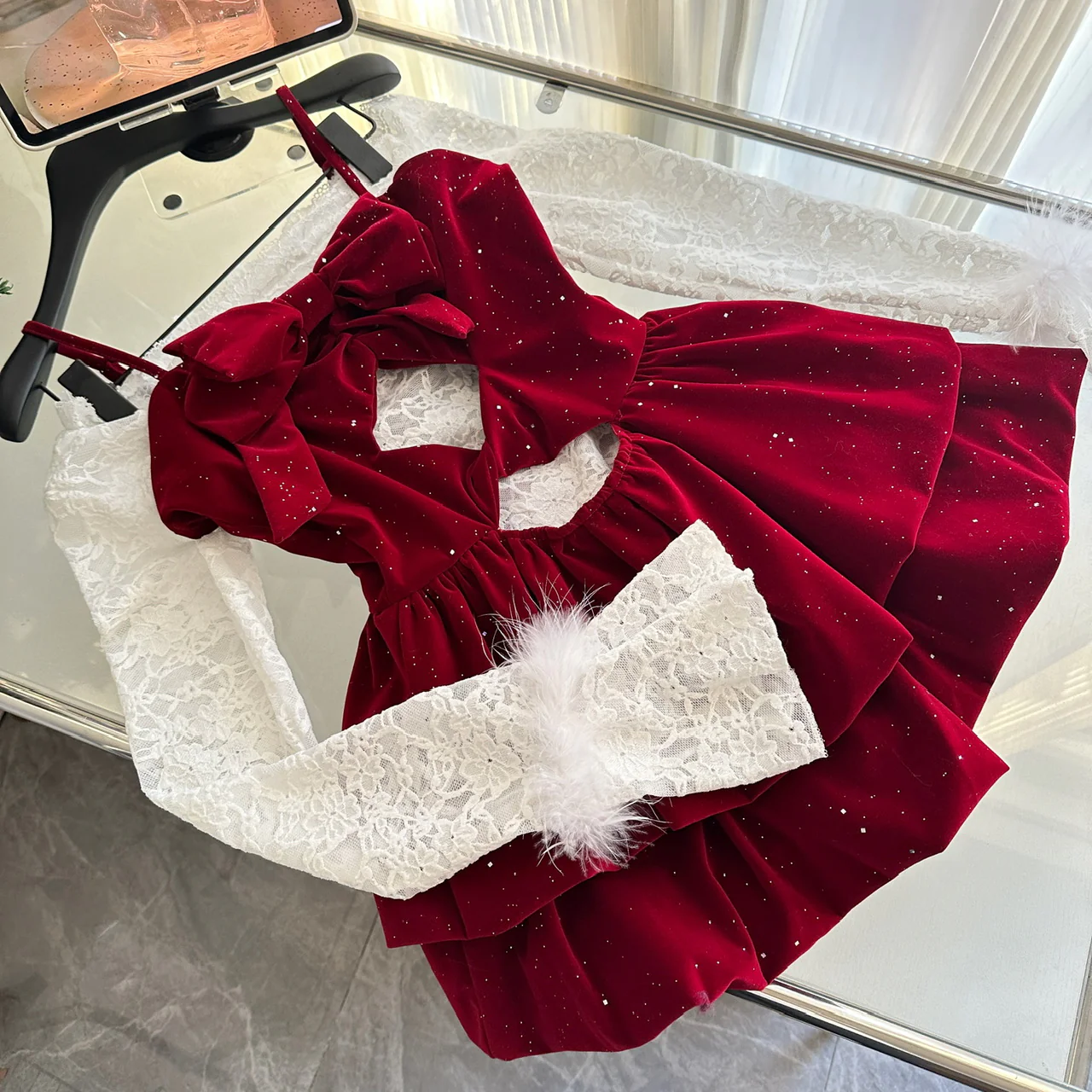Cute Spaghetti Straps Red Ruffles Velvet Summer Dress 3 Pieces Holiday Party Outfits For Women DP0092 - Deanwangkt