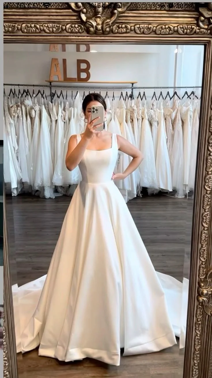 Unique Bridal Dress Ball Gown Square Neck Satin Ivory Long Wedding Dresses Simple Bride Dress Bridal Gowns DH1424 - Deanwangkt