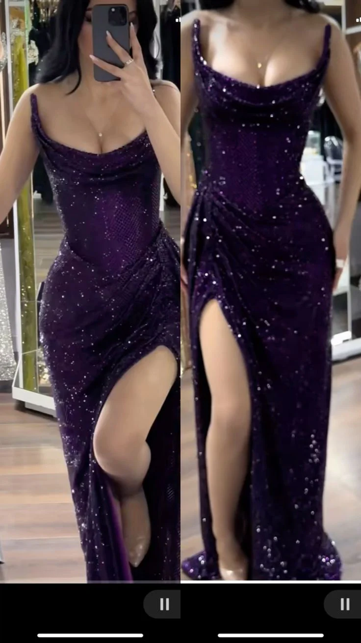 Sparkly Mermaid Strapless Grape Sequin Long Slit Evening Party Gowns Evening Dress Special Formal Dresses Prom Dress DH2330 - Deanwangkt
