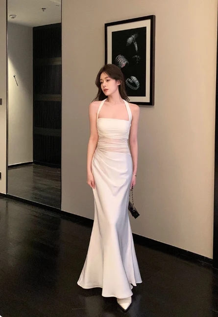 Elegant Halter Mermaid Satin Long Prom Dresses White Formal Evening Dresses  DP2980 - Deanwangkt