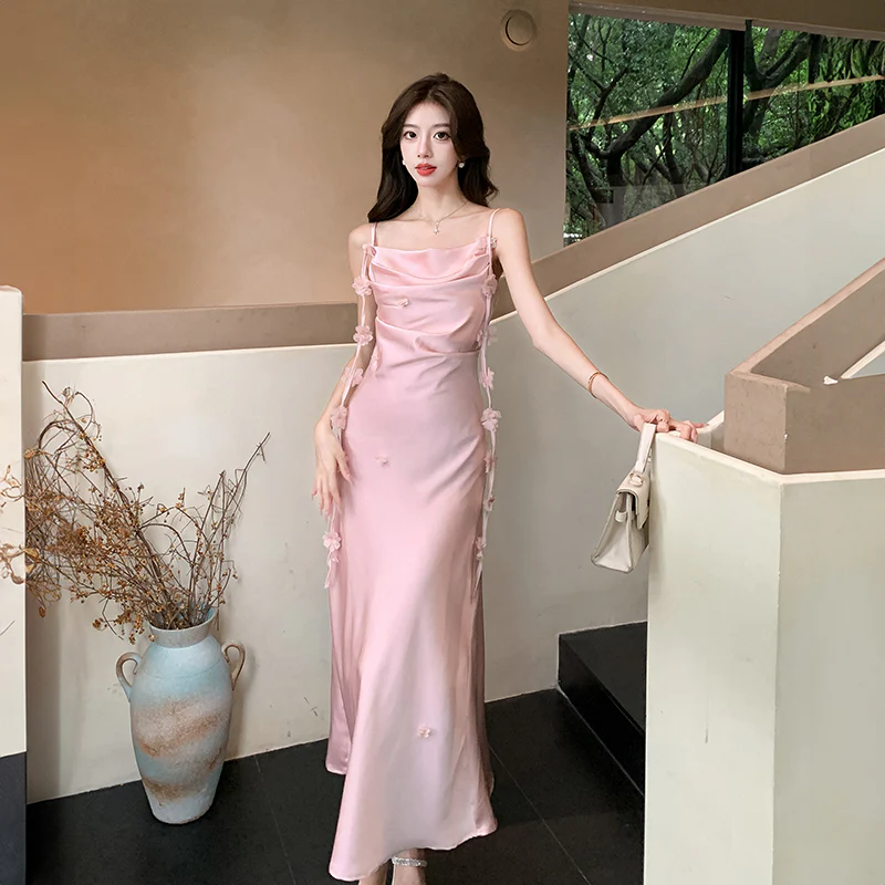 Cute A line Spaghetti Straps Pink Floral Long Satin Summer Dress For Women DP0010 - Deanwangkt