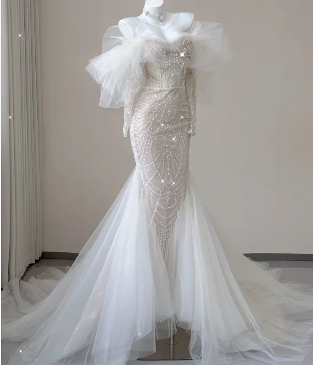 Elegant Mermaid Off The Shoulder Sequin Long Sleeves Wedding Dresses Brides Dress P0008 - Deanwangkt