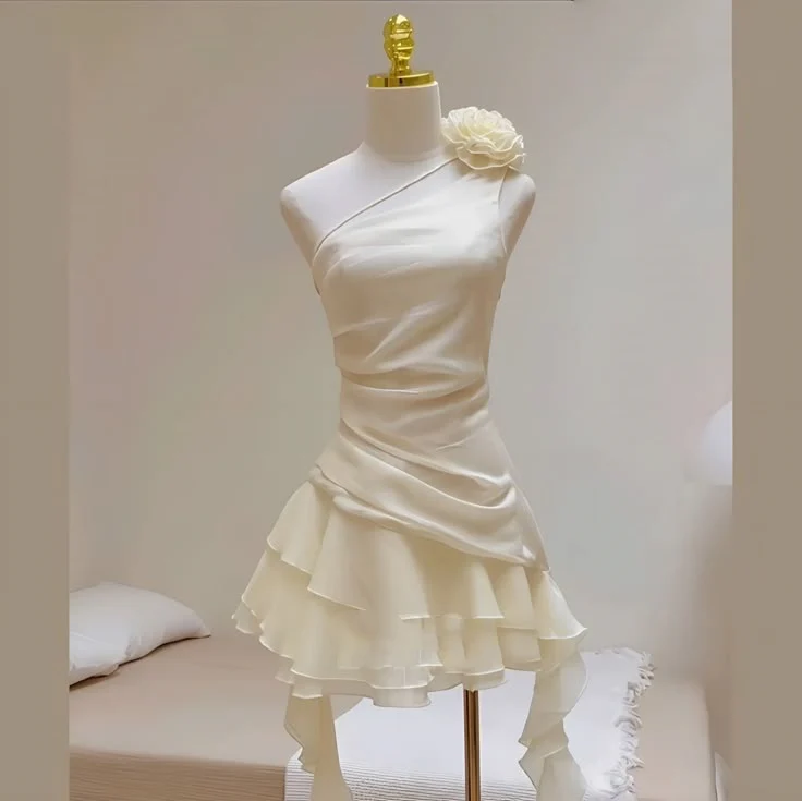 Cute A line One Shoulder White Chiffon Summer Homecoming Dress Hoco Dress Mini 16th Birthday Outfit Cocktail Dresses DP2090 - Deanwangkt