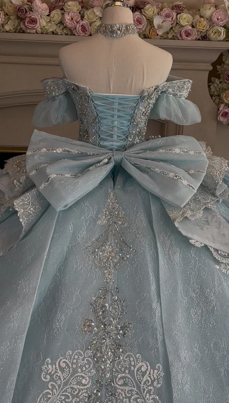 Gorgeous Sky Blue Off-the-shoulder Tulle Long Ball Gown Flower Sweet 16th Birthday Dress Cute Quinceanera Dress DH2736 - Deanwangkt