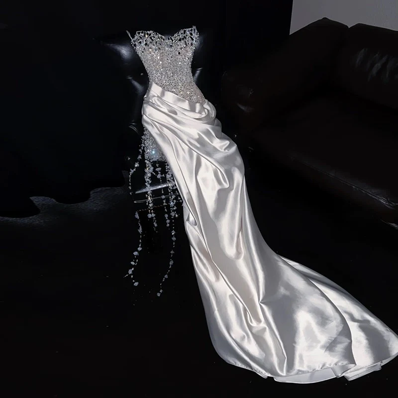 Luxury Mermaid Sweetheart White Satin Wedding Dress Modest Wedding Dresses Princess Wedding Gowns DH1773 - Deanwangkt