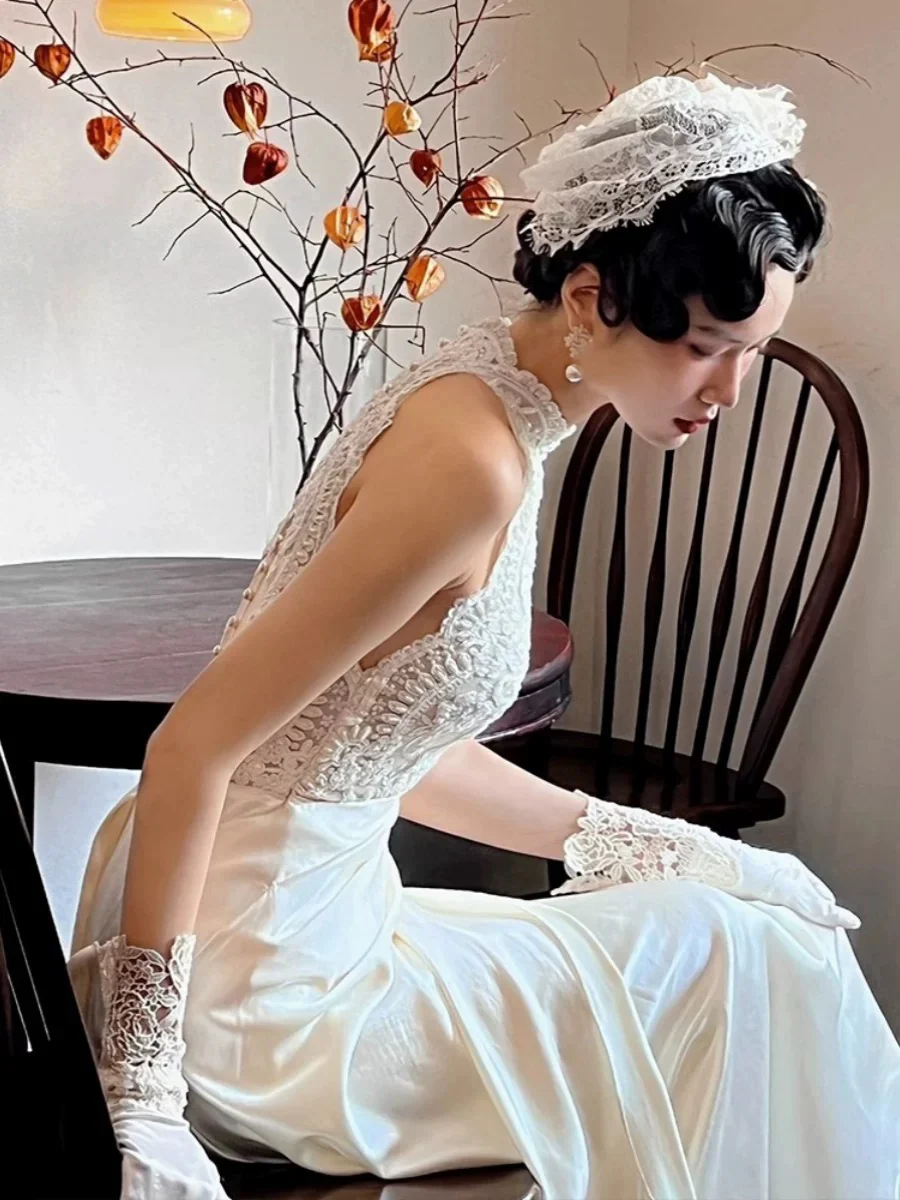 Vintage Wedding Dress A line High Neck White Satin Summer Long Wedding Dresses Bridal Gowns W0746 - Deanwangkt