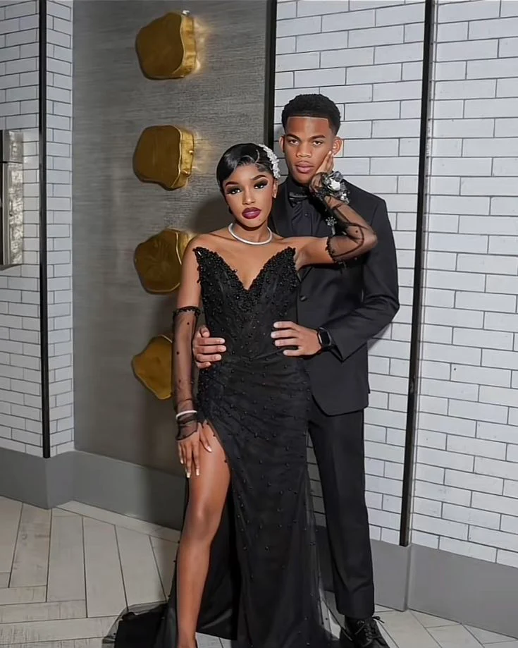 Vintage Mermaid V Neck Black Pearls Slit Sleeveless Long Prom Dresses Party Dress Black Girl Birthday Outfits Graduation Dresses W0447 - Deanwangkt