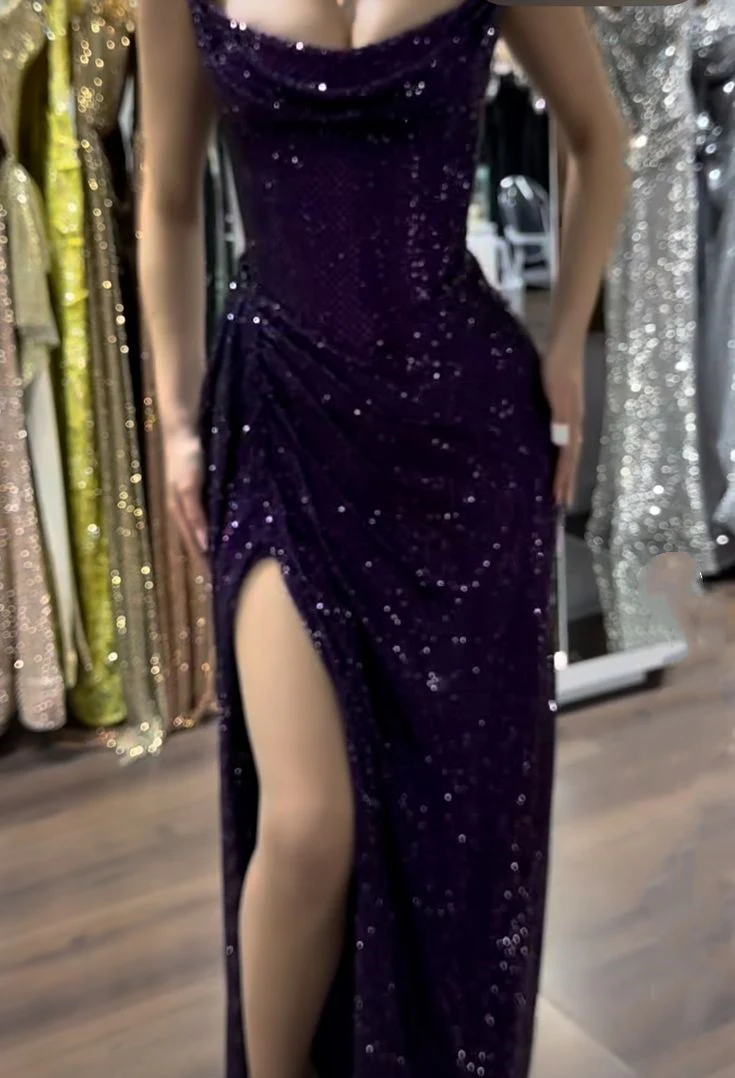 Sparkly Mermaid Strapless Grape Sequin Long Slit Evening Party Gowns Evening Dress Special Formal Dresses Prom Dress DH2330 - Deanwangkt