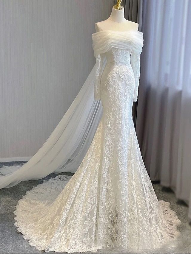Dreamy Wedding Dresses A-Line Notch lapel collar Long Sleeve Court Train Summer Brides Dress DP608 - Deanwangkt