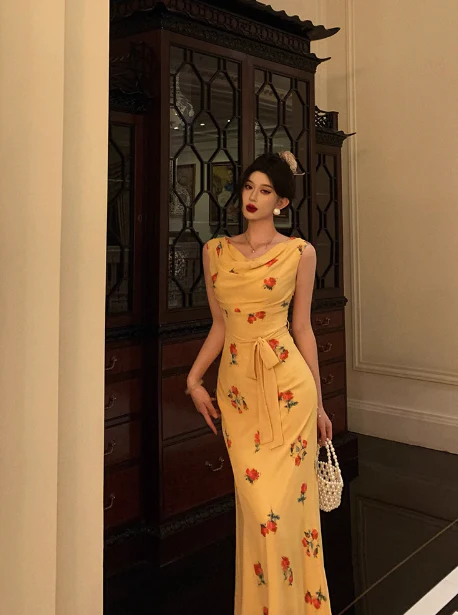 Cute Mermaid Yellow Chiffon Sleeveless 18th Birthday Dress Party Gown Birthday Outfits For Women DP0537 - Deanwangkt