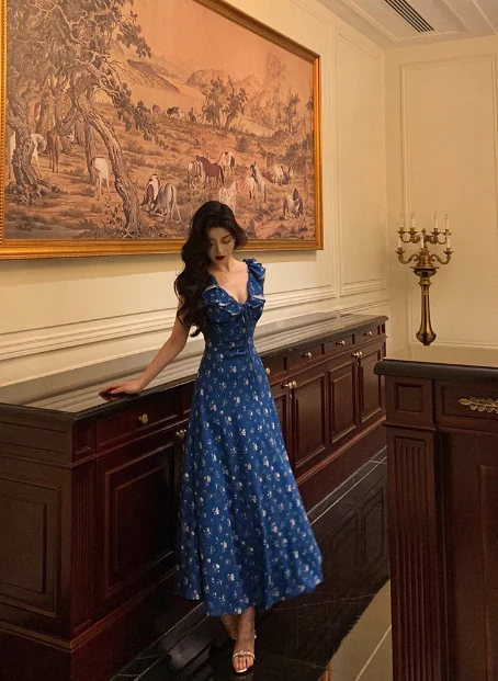 Classy A line V Neckline Blue Chiffon Sleeveless 18th Birthday Dress Party Gown Birthday Outfits Birthday Dress Ideas For Women DP557 - Deanwangkt