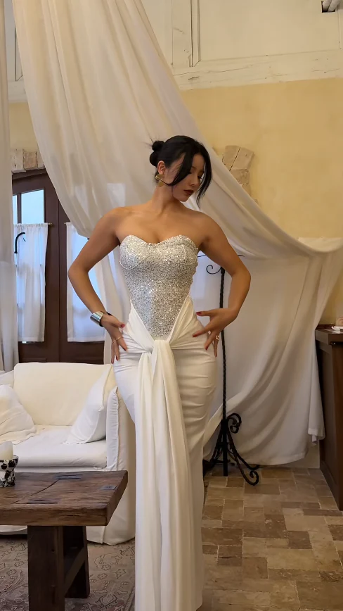 Sexy V-neck Bodycon White Long Prom Dresses with Sequins Chiffon White Evening Dresses DP3951 - Deanwangkt