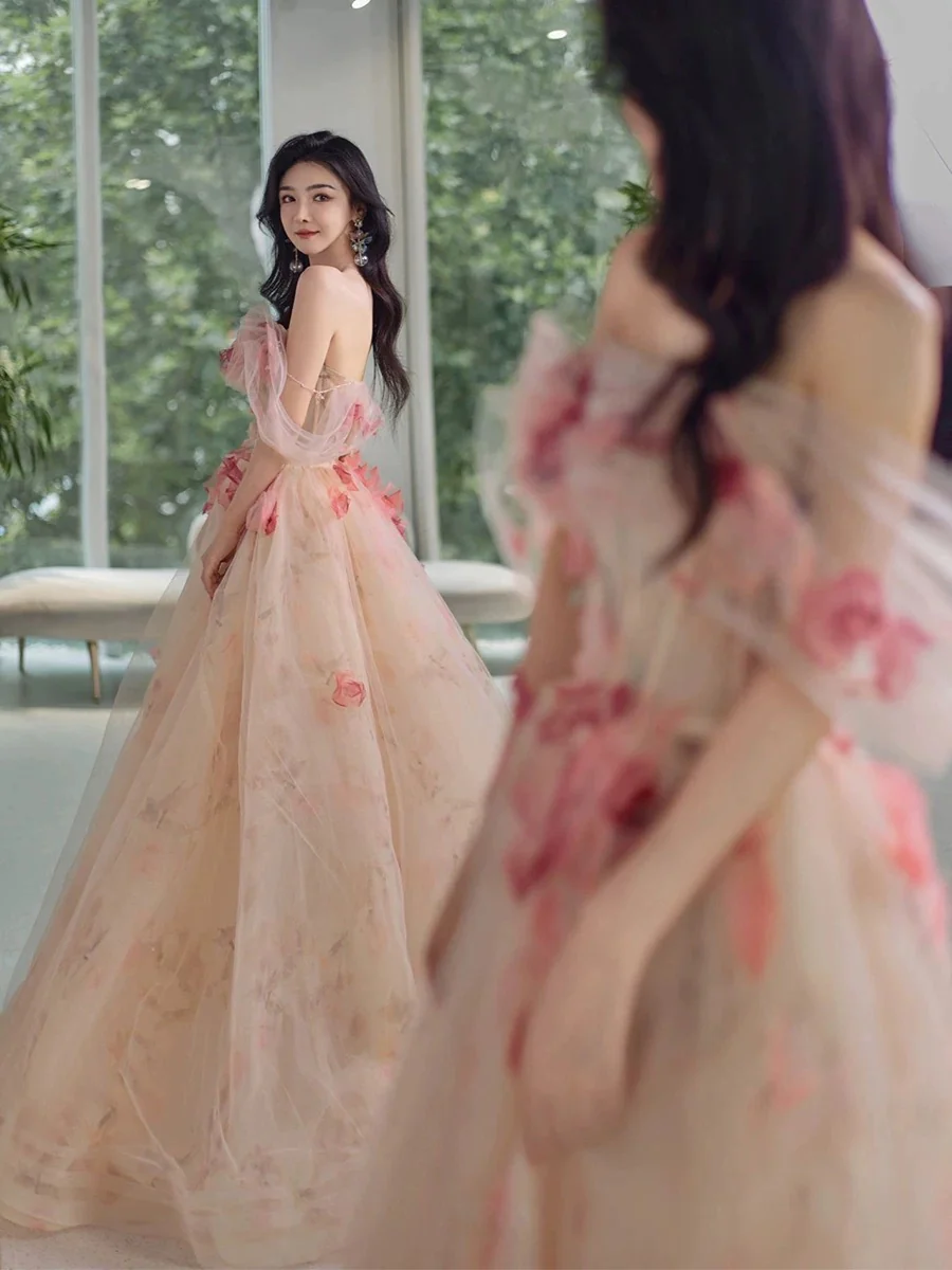 Classy Elegant A line Off The Shoulder Pink Tulle Flowers Short Sleeves Prom Dresses H2890 - Deanwangkt