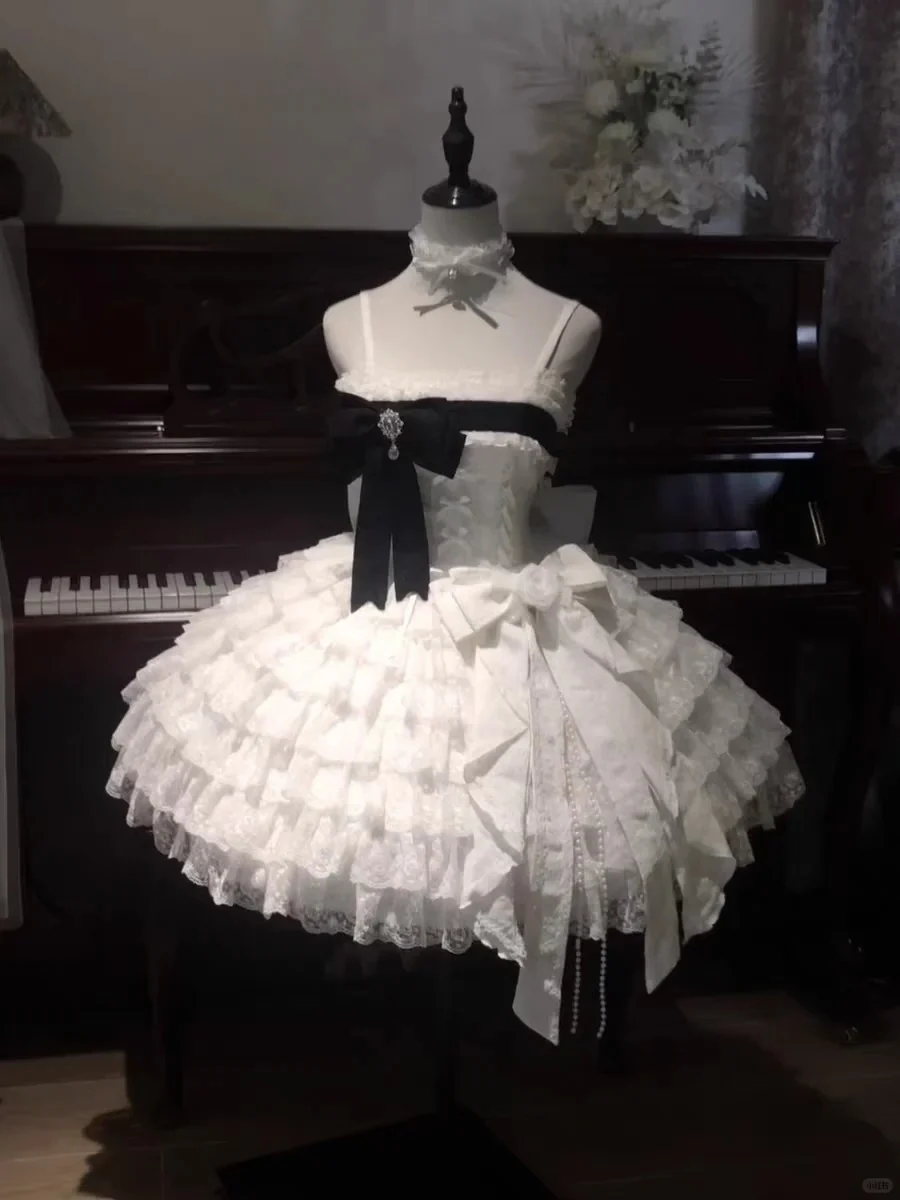 Vintage Ball Gown White Tulle Lace Spaghetti Straps Short Lolita Outfits 18th Birthday Dress Mini Cute Lolita Dress DH02716 - Deanwangkt