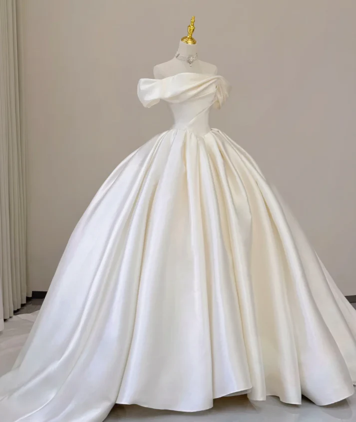 Elegant Ball Gown Off The Shoulder Satin Wedding Dresses White Brides Dress P0002 - Deanwangkt