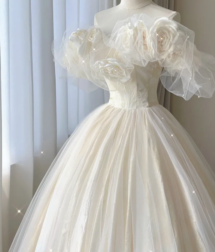 Timeless Ball Gown Off The Shoulder Short Sleeves Tulle Flowers Wedding Dresses Brides Dress DP444 - Deanwangkt