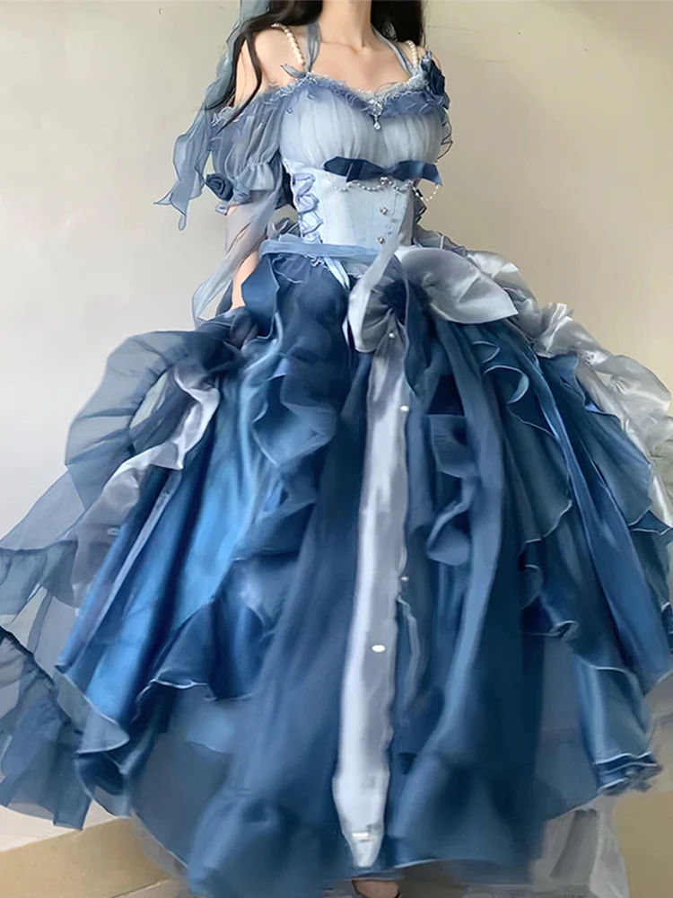 Vintage Ball Gown Off The Shoulder Short Sleeves Blue 16th Chiffon Birthday Dress Lolita Dress 18th Birthday Outfits W1132 - Deanwangkt