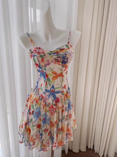 Sexy A line Spaghetti Straps Floral Chiffon Short Homecoming Dress Summer Hoco Dresses Cocktail Dress Birthday Outfits DP2288 - Deanwangkt