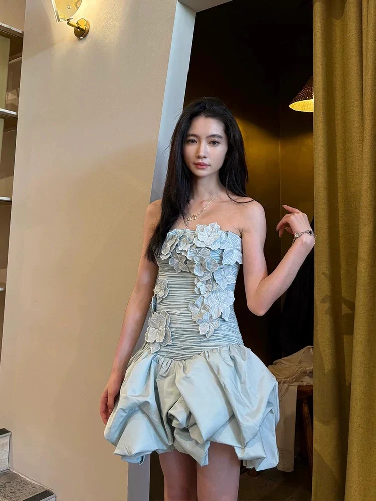 Sexy Sheath Strapless Blue Flowers Short Homecoming Dress Summer Hoco Dresses Cocktail Dress 18th Birthday Outfits W0753 - Deanwangkt