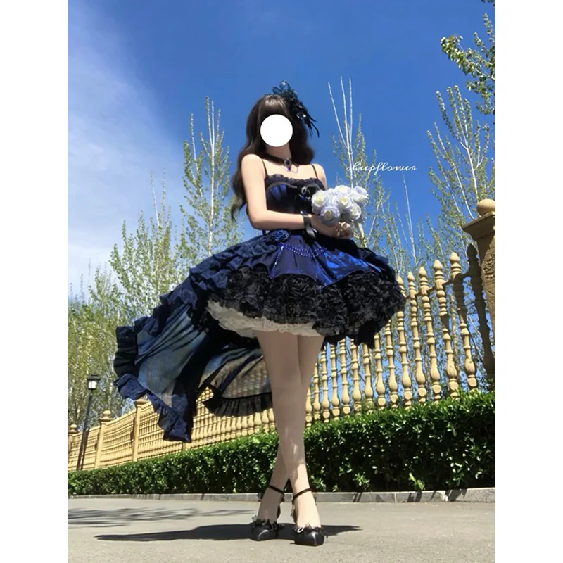 Vintage Ball Gown Spaghetti Straps Black And Blue Lace Summer 16th Birthday Dress Lolita Dress Mini 18th Birthday Outfits Short Lolita Outfit DH2421 - Deanwangkt
