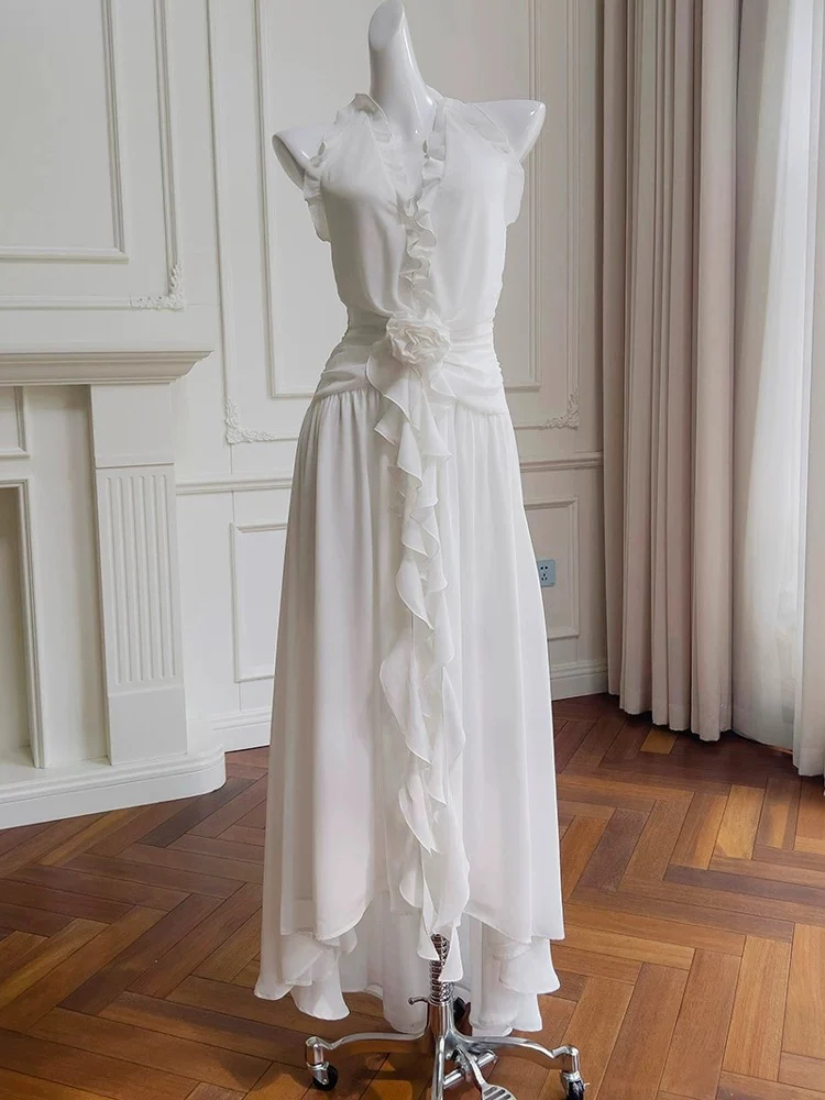 Elegant A line Halter White Sleeveless Chiffon Long Evening Party Gowns Evening Formal Dresses Prom Dress W885 - Deanwangkt